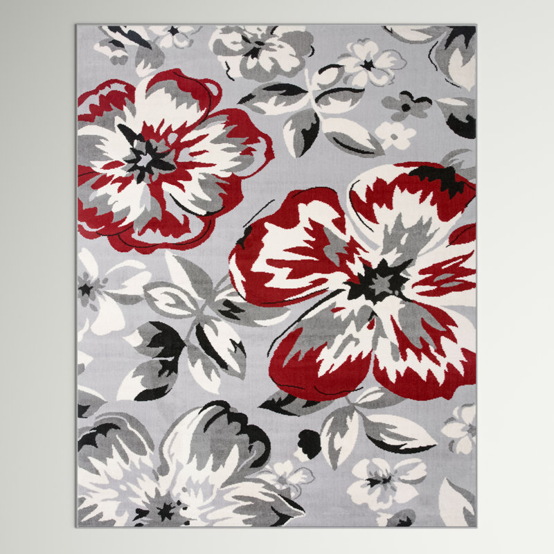 Rooshi Floral Gray/Red Area Rug, Rectangle 6'6" x 9'