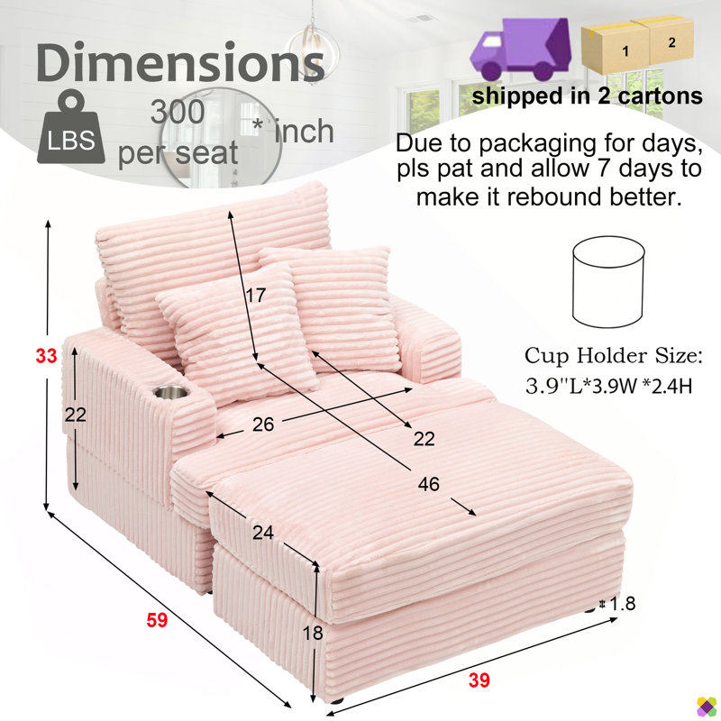 Chaise longue modulaire en velours côtelé l 39 po Blossie, Rose