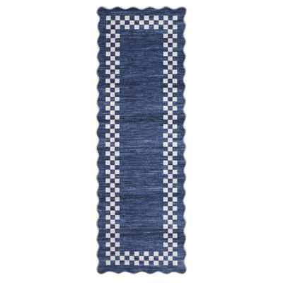 Scalloped Area Rug Modern Bordered Accent Carpet, Non-Slip Geometric Floor Cover, Stain-Resistant Low Pile Indoor Mat, Easy to Clean Rugs