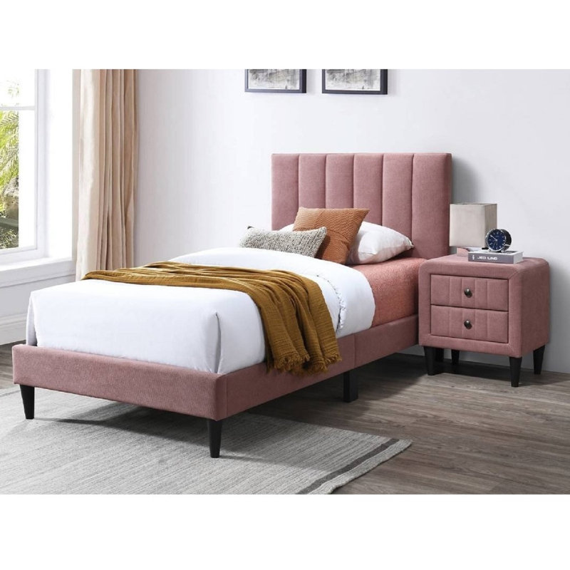 Structure de lit simple tapissier en lin rose avec tête de lit réglable capitonnée, pieds de support centraux, système de support à lattes en bois robuste, aucun sommier requis, mobilier de chambre à coucher moderne