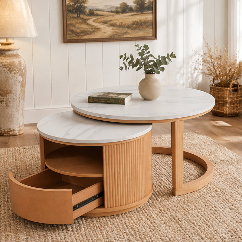 Élégante table basse gigogne avec plateau en marbre, rangement à deux niveaux et tiroir, idéale pour les espaces de vie organisés et élégants