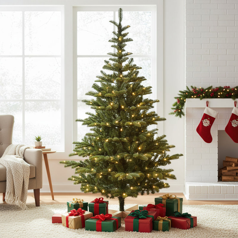 Décoration d'arbre de Noël blanc chaud 7 pi avec base pré-éclairée, H 7 pi