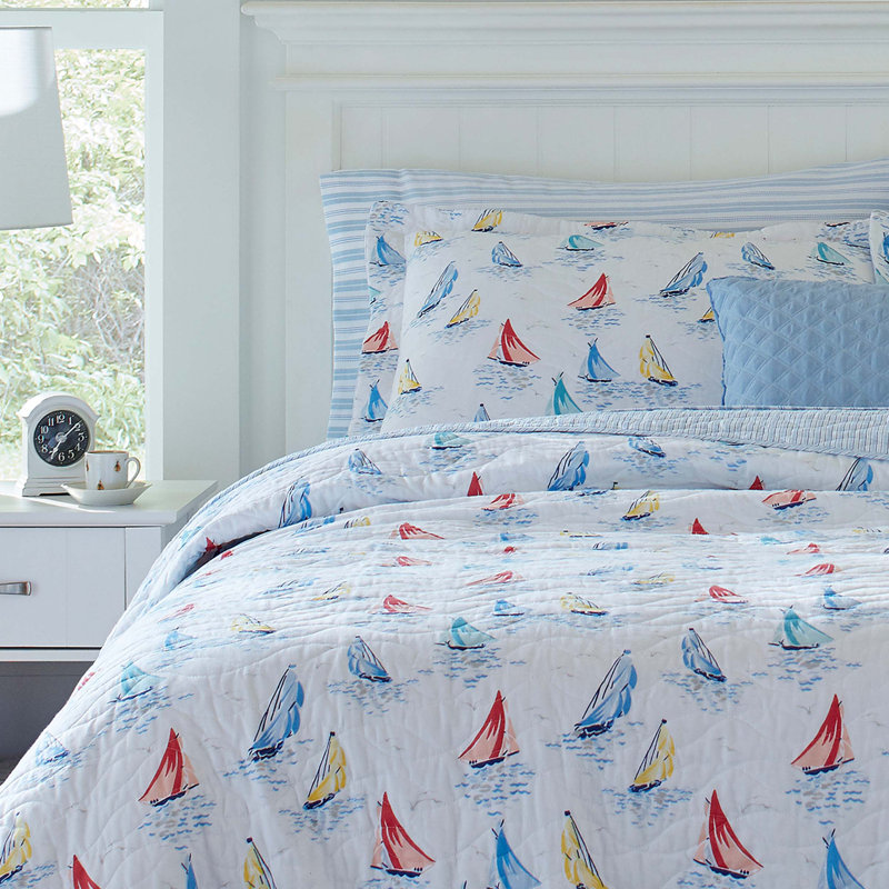 Ahoy Blue Cotton Reversible Twin Quilt Set