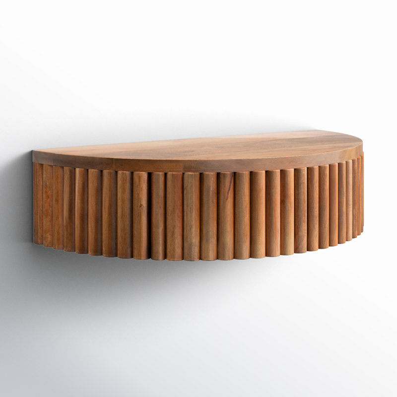 Kristie Half-circle Mango Solid Wood Floating Shelf with Drawer, Medium Wood