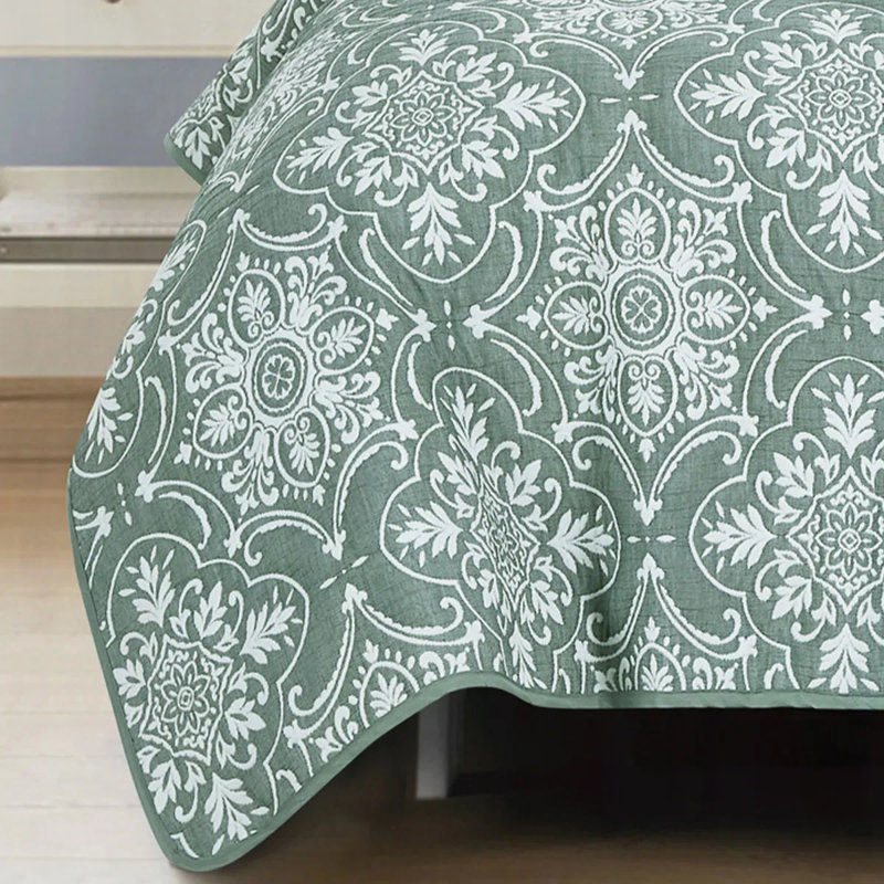 Ensemble de couvre-lit 3 pièces en mélange de coton vert moderne, Courtepointe pour lit grand + deux taies décorati