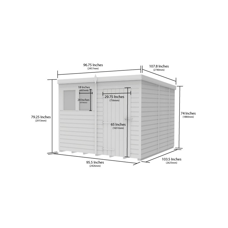 Total Sheds 8ft x 9ft Pent Garden Shed - Single Door - With Windows - Pressure Treated Timber - UK Manufactured