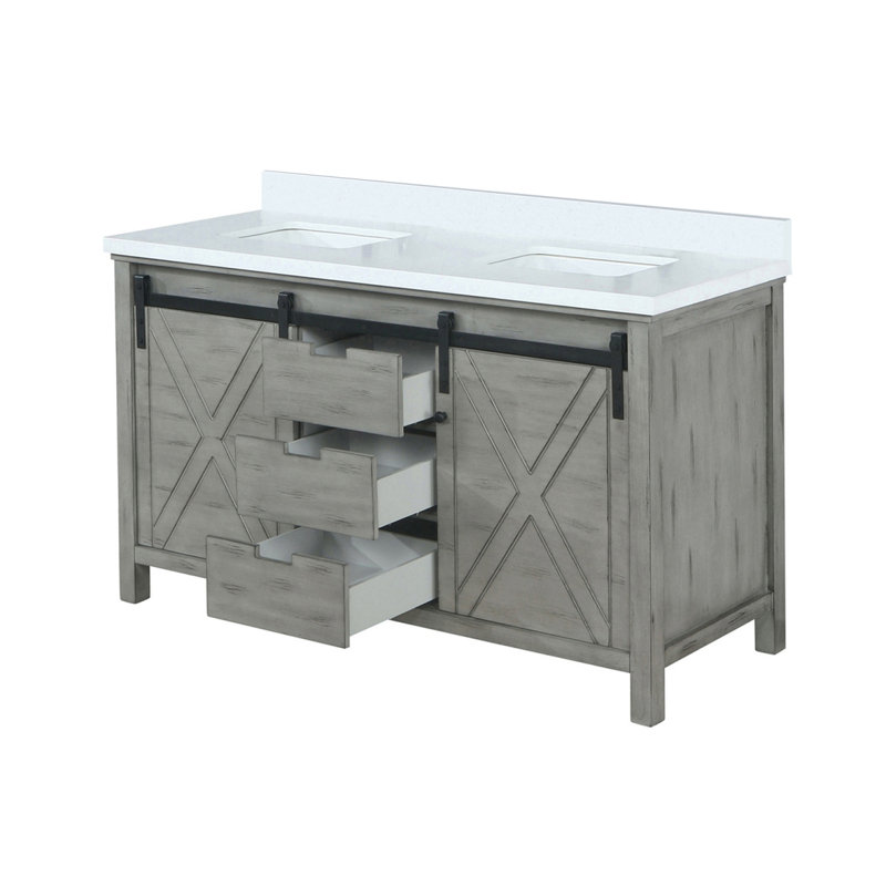 Meuble-lavabo double gris cendré 60 po X P 22 po D, avec comptoir en quartz blanc