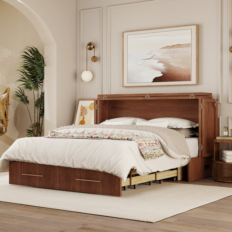 Solid Wood Queen Murphy Bed Cabinet with Storage Drawer, Built-in Charging station, Walnut Finish (Mattress Included), Walnut