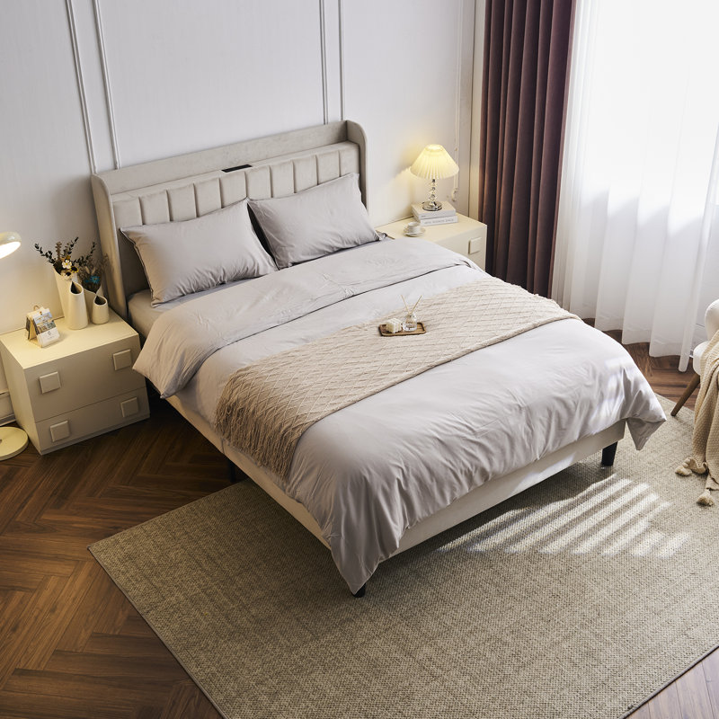 Queen Off-White Velvet Upholstered Platform Bed with Tufted Headboard