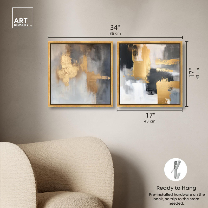 «Gilded Tranquil Abstract Art», ensemble de 2 panneaux sur toile par , H 17 po x l 17 po, Doré