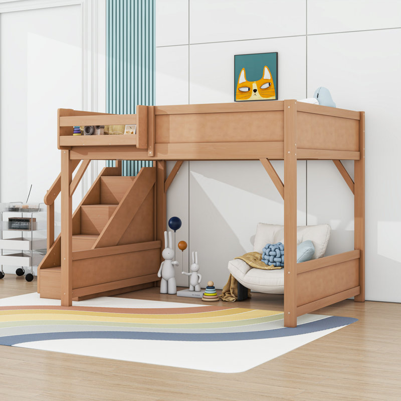 Lit mezzanine en bois avec garde-robe et escalier de rangement, Full, Deep Natural