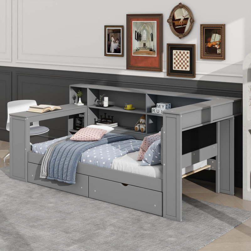 Streamlined Bed With Storage Racks, Drawers, Power Charging Outlet, LED Illumination, And Workstation, Gray, Twin
