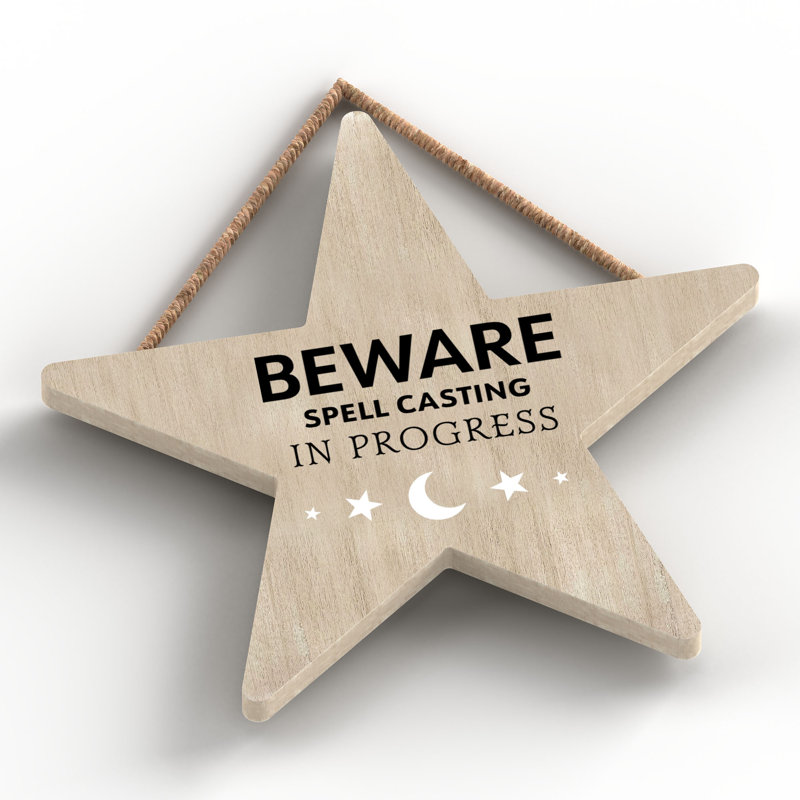 Witch Beware Spell Casting Wooden Star Plaque, Brown