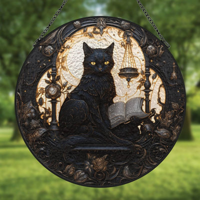 Chat noir lisant un livre orné de vitraux à panneaux Suncatcher pour décor de fenêtre