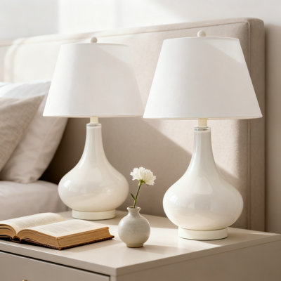 Modern White Gourd Glass Table Lamp Set With LED Bulbs Included For Bedroom Living Room Home Office Desk Nightstand Lighting