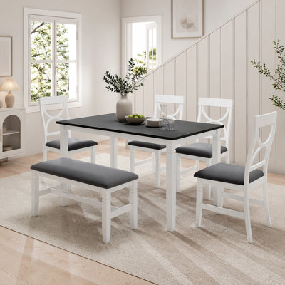 Ensemble de 6 tables de salle à manger en bois avec banc rembourré et 4 chaises de style campagnard
