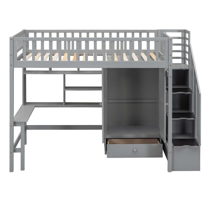 Loft Bed With Bookshelf,Drawers,Desk,And Wardrobe, Twin, Gray