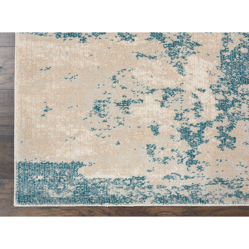 Tapis ivoire / bleu sarcelle à motif abstrait Greater Taree, Tapis de couloir 2 pi 2 po x 7 pi 6 po