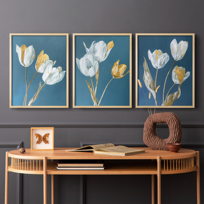 Floral Study Series XLV -Set de 3 estampes numériques giclées -Prêt à accrocher, Naturel, H 10 po x l 24 po