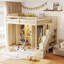Lit mezzanine avec escalier de rangement, coiffeuse intégrée avec miroir et tiroir, garde-robe et armoires, ports et lumières de chargement USB-128509278