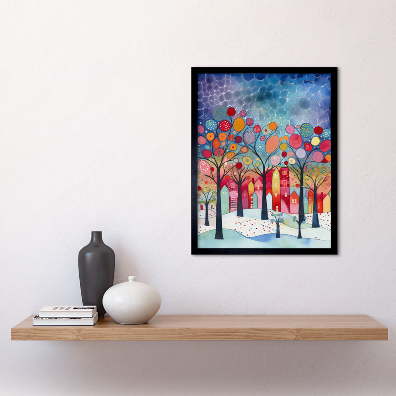 Winter Abstract Village Folk Art Art Print Framed Poster Wall Decor 12x16 inch