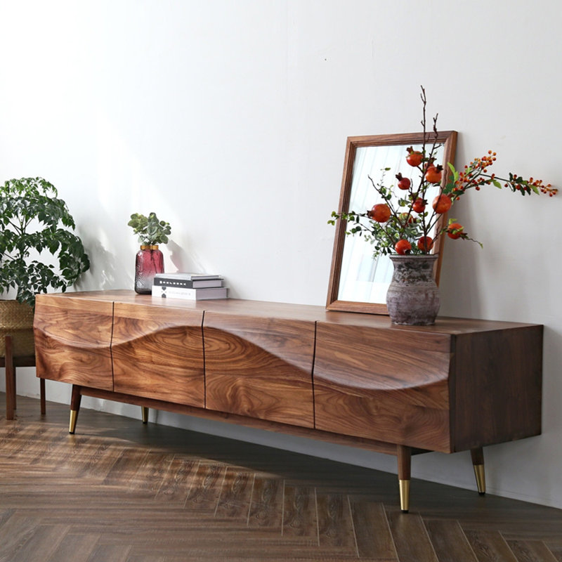 Meuble télé  Mid-Century, console média moderne en bois avec tiroirs, pieds dorés, 94.48"