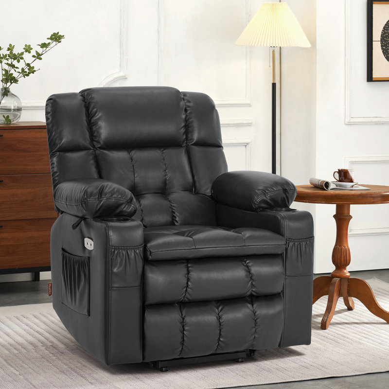 Dual Motor 21.3" Seat Width Power Recliner Lift Chair with Vibration and Heat, Infinite Position, Faux Leather, Black