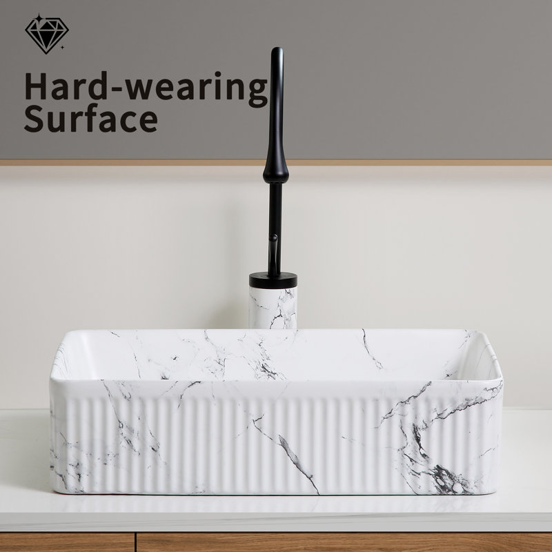 Oval Vessel Sink, Black White Marble, 20X14 Inch Rectangle Above Counter Porcelain Ceramic Bathroom Basin | Gift Idea