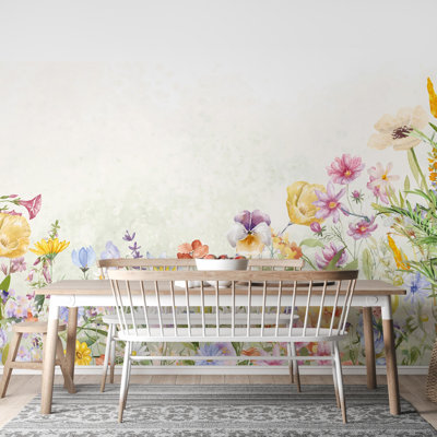 Papier peint mural à bordure de fleurs sauvages aquarelle | Papier peint floral pré aux tons doux pastel | Intissé ou autocollant