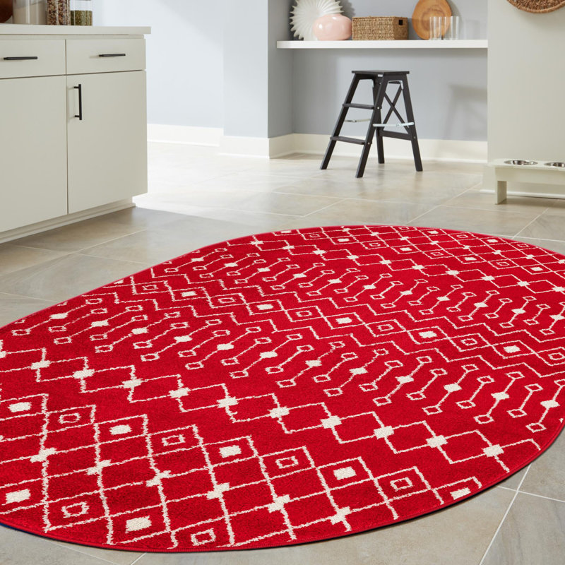 Tapis géométrique en chenille / polyester tissé à la machine Briehn - rouge / blanc, Ovale 4 pi x 6 pi