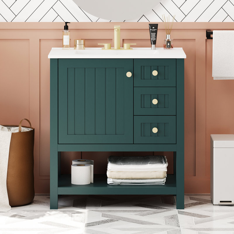 Meuble-lavabo de 30 po avec lavabo en céramique. Armoire transitionnelle. Et. Capacités multiples. Charnières de porte. Assemblage requis 30 po. Conception. Cadre. Options de rangement polyvalentes. Système de fermeture en douceur. Nécessaire