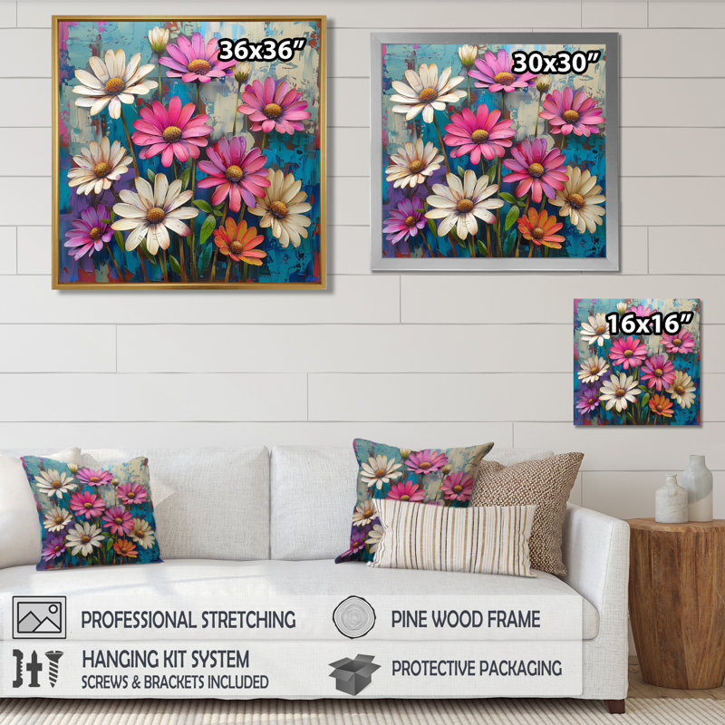 Rose, blanc, fleurs éclatantes, marguerites bleues - marguerites, salon d'art mural, H 30 po x l 30 po x P 1 po
