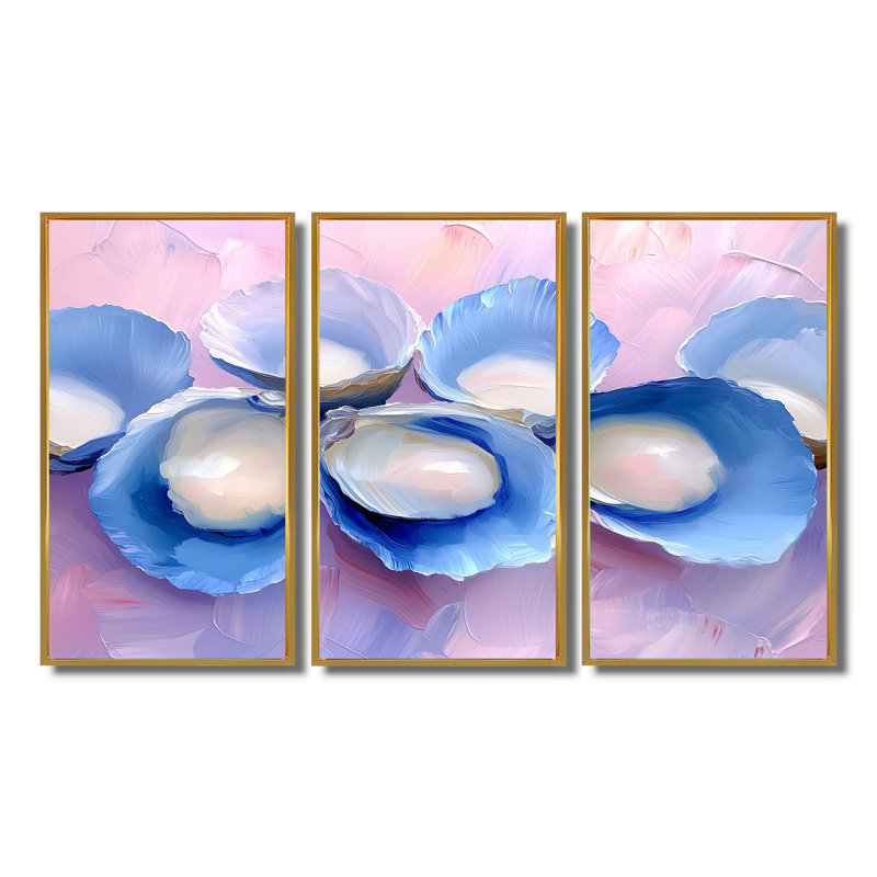 Blanc, rose, marbré, huîtres III - ensemble d'art mural coquillages, Toile avec cadre flottant noir