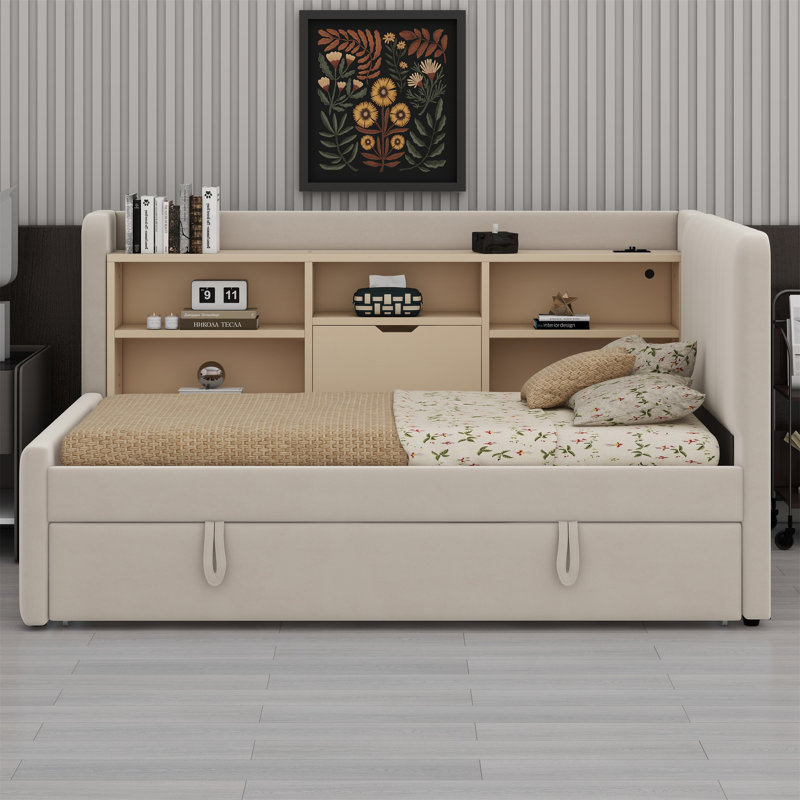 Lit de jour rembourré avec lit gigogne, tablettes de rangement, port USB et prise de courant, Beige