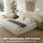 Structure de lit plateforme grand lit en chenille beige avec tête de lit extra large et rembourrage en mousse de style flottant-535445952-535445967