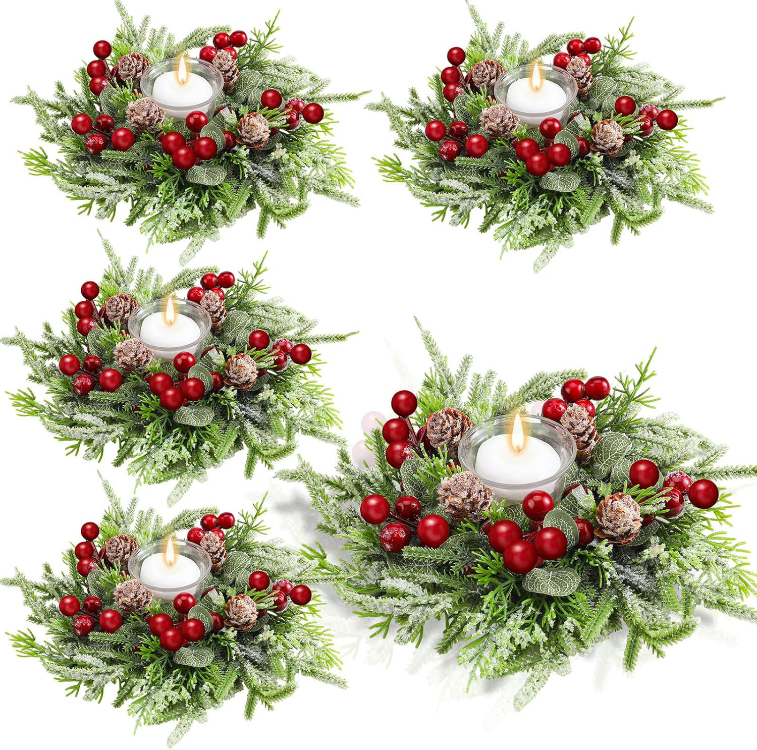 8 Pack Christmas Candle Rings - Norfolk Pine Garland With Red Berries & Pinecones, Artificial Snow, For Table Centerpiece
