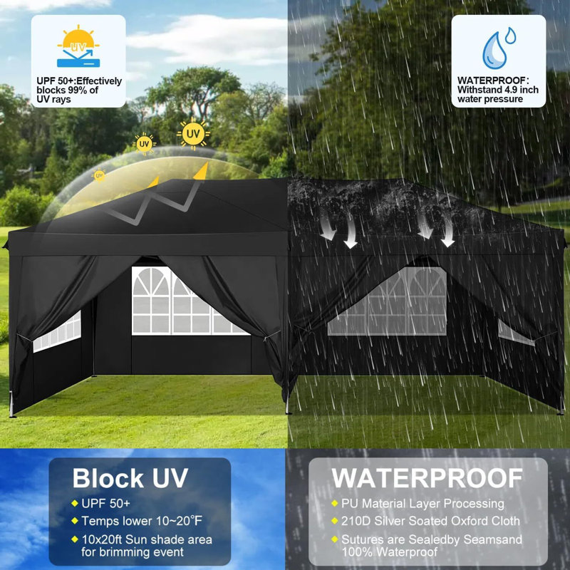 Auvent 10 x 20 avec 6 parois latérales, auvent imperméable pour l'extérieur , Noir