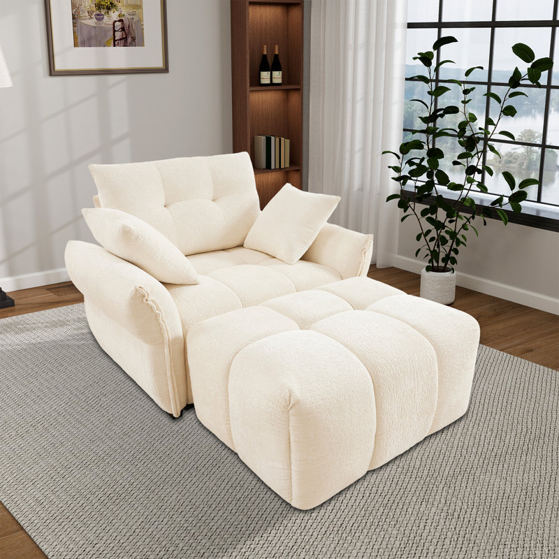 Upholstered Chenille Flared Arm Tufted Chaise Lounge, White