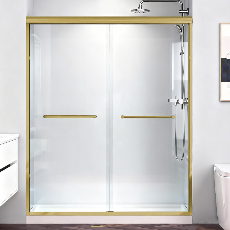 56-60 In. W X 72 In. H Semi-Frameless Sliding Shower Door In Brushed Gold With 1/4 In. Thick Tempered Glass, Brushed Gold