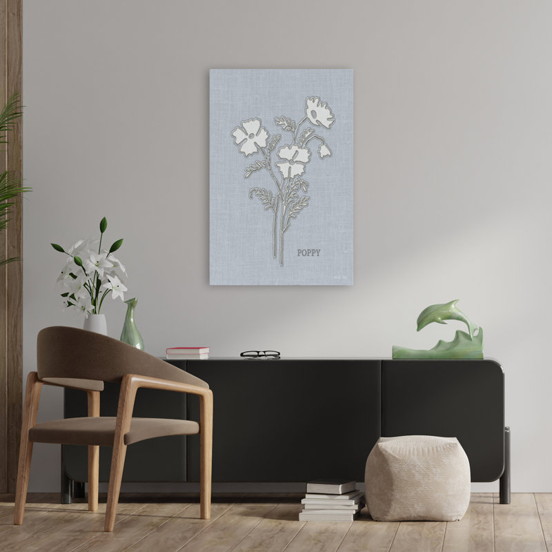 Coquelicots brodés - fleurs de pavot contemporaines, croquis botaniques, fond d'art, H 36 po x l 24 po