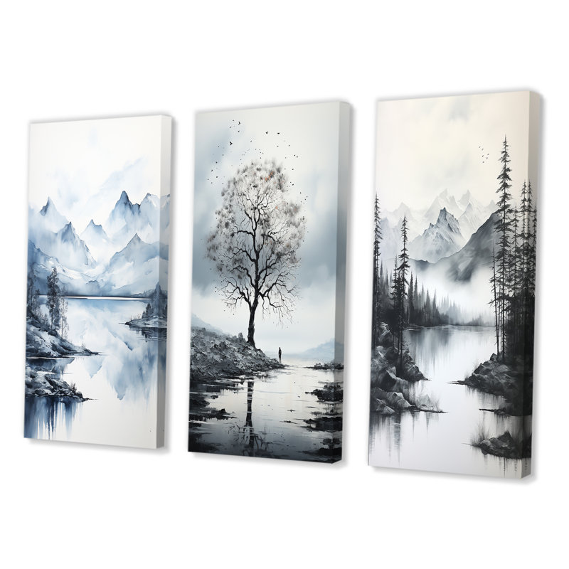 «Gray Blue Minimalisme Forest Reflections», 3 pièces, Toile tendue, H 32 po x l 48 po
