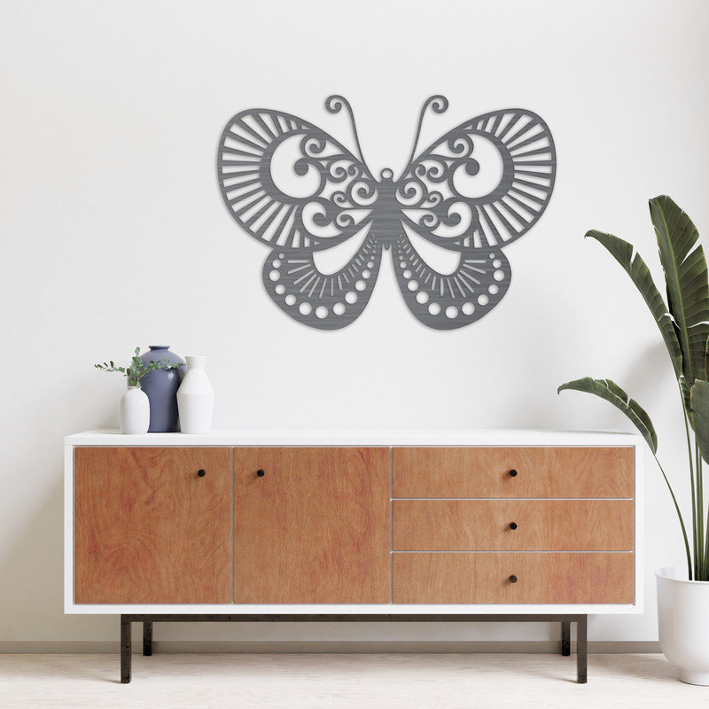 Art mural abstrait d'un papillon avec lignes et pois - ACM blanc (31,82 po x 46 po), H 22,1 po x l 32 po x P 0,25 po, Noir