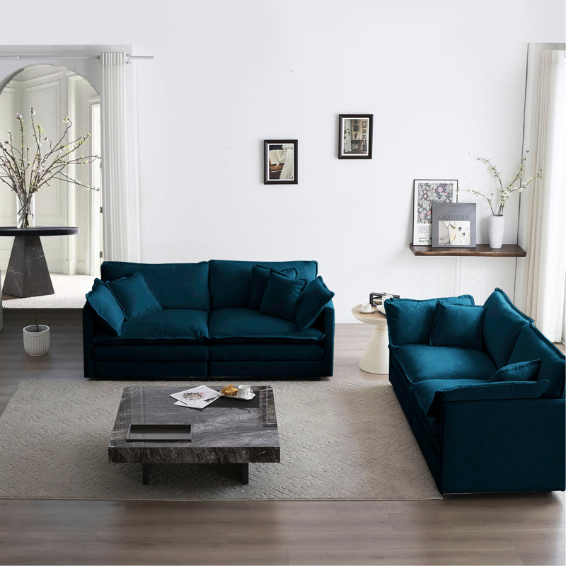 Chenille bleue 2 sièges de salon. Bois massif, éponge confortable, tissu respirant pour le confort de la maison, structure en bois, revêtement, tissu haut,