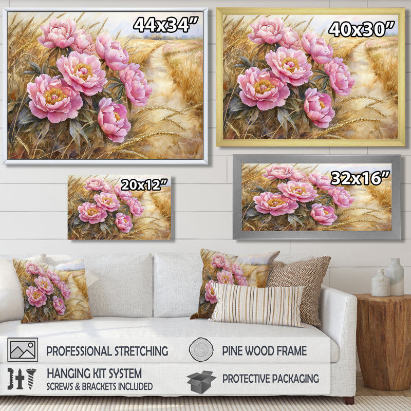 Pivoines le long de la route de campagne III - Décoration murale pivoines, H 30 po x l 40 po, Impression encadrée flottante