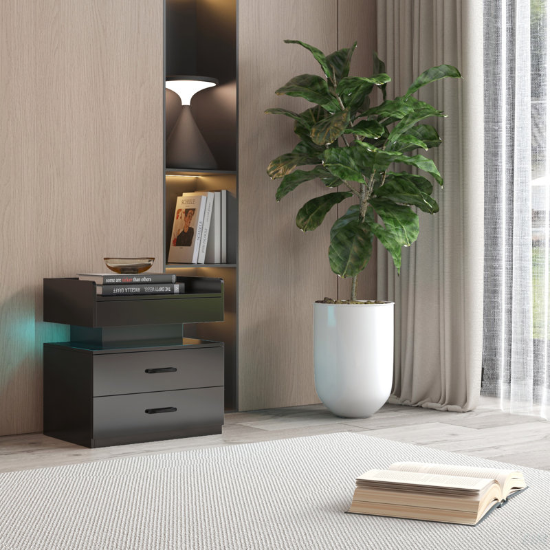 1 Set Nightstand With Adjustable LED Strip Light, 2-Drawers, Large Storage Space, Suitable For Bedside Table, Coffee Table, Sofa Side Table Or End Table For Study Desk