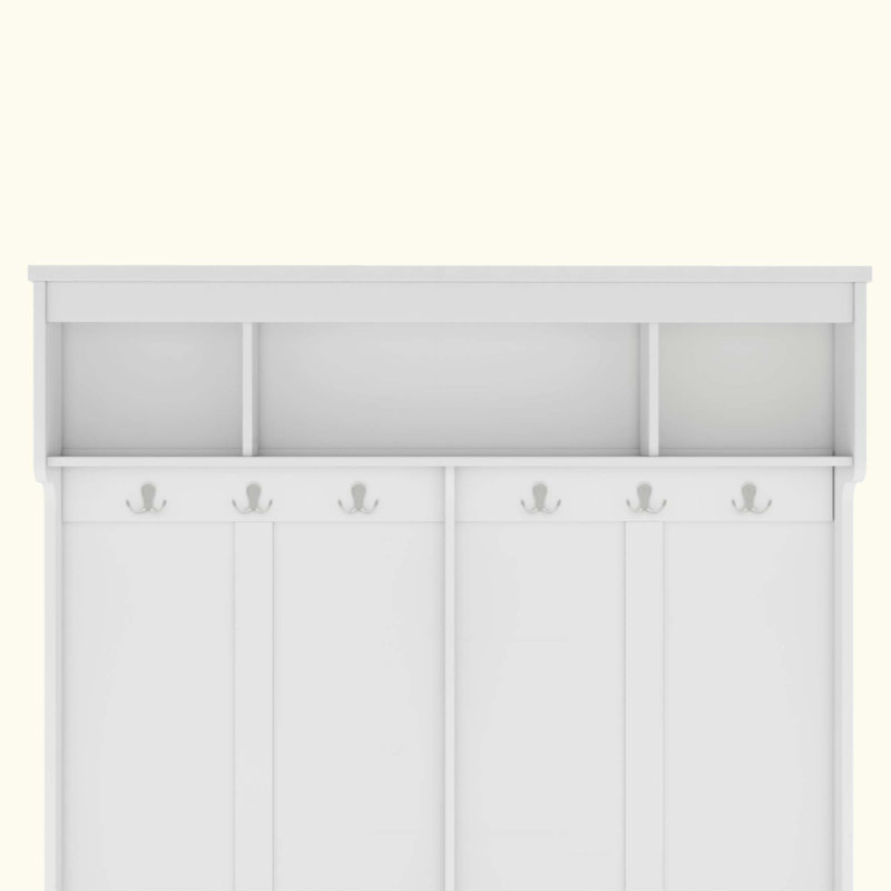Modern Hallway Hall Tree With Metal Hooks And Storage Space, Multi-Functional Entryway Coat Rack With Shoe Cubbies, White