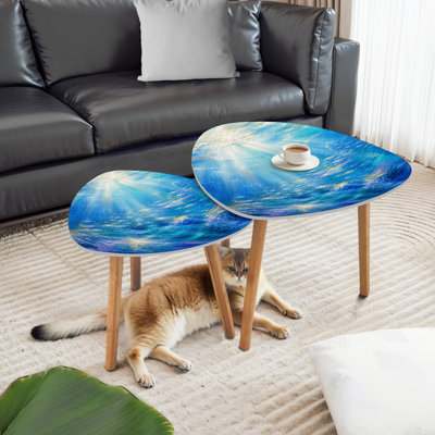 Triangle Nesting Coffee Table Set of 2 Marine Scene Sunlight School Fish Blue Ocean End Table Modern Minimalist Side Table Set for Living Room Bedroom