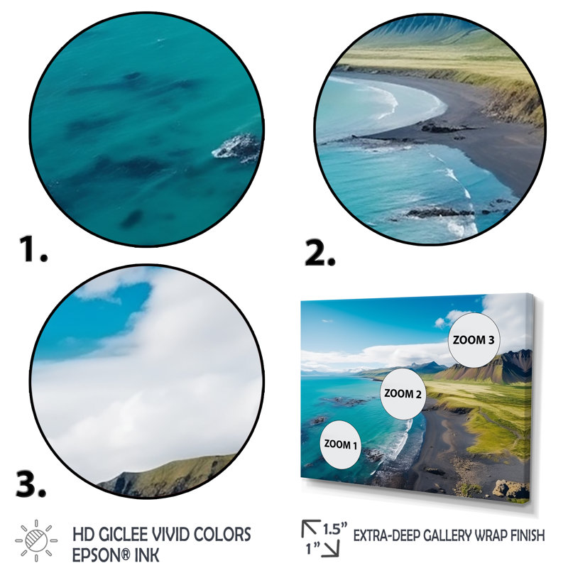 Vue aérienne de la plage en Islande II - plage et océan, art mural, Cadre doré à coins fermés, H 34 po x l 44 po x P 1,5 po