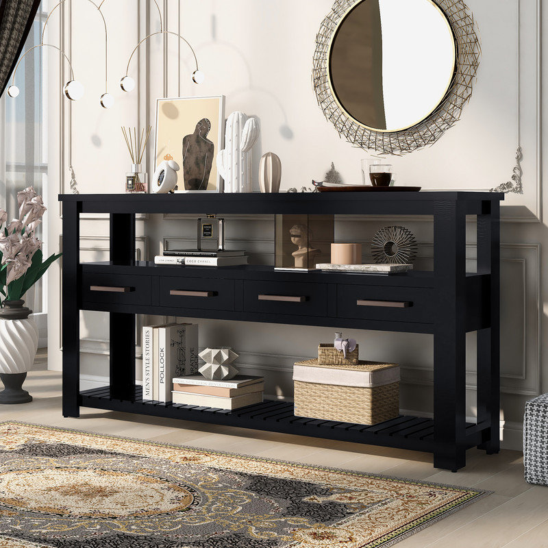 Rey 62.20'' Modern Console Table Sofa Table for Living Room with 4 Drawers and 2 Shelves, Black