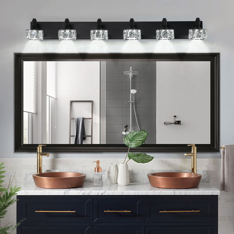 Luminaire de meuble-lavabo moderne à DEL avec abat-jour en cristal, à intensité variable, Six lumières, Noir mat